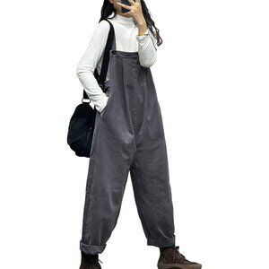 Overalls Women Plus Size Loose Fit Jumpsuits Adjustable Waist Cotton Romper Gray